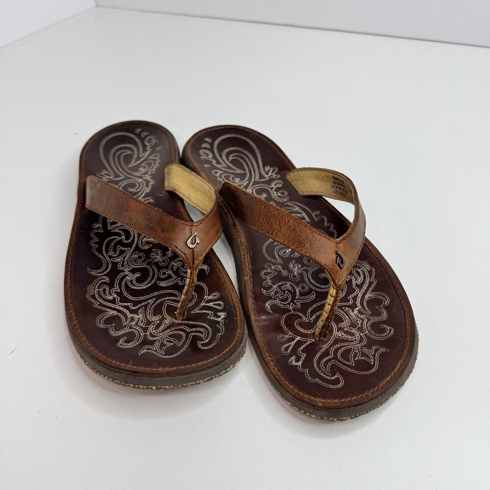 Olukai Women's Sz 8 Paniolo Brown Flip Flop Thongs Leather Sandals